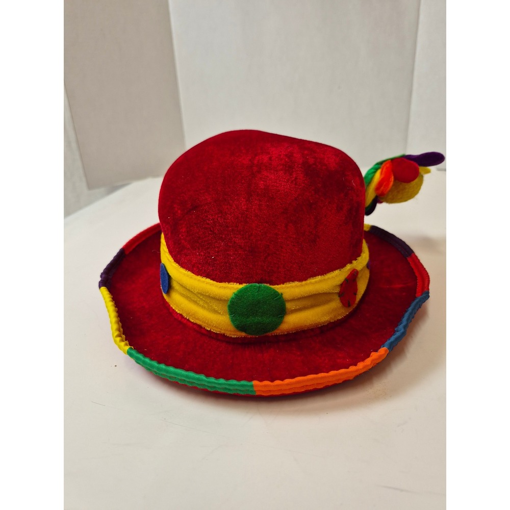 Elope Red Velvet Clown Hat Rainbow Polka Dot Plush Flower Costume Accessory